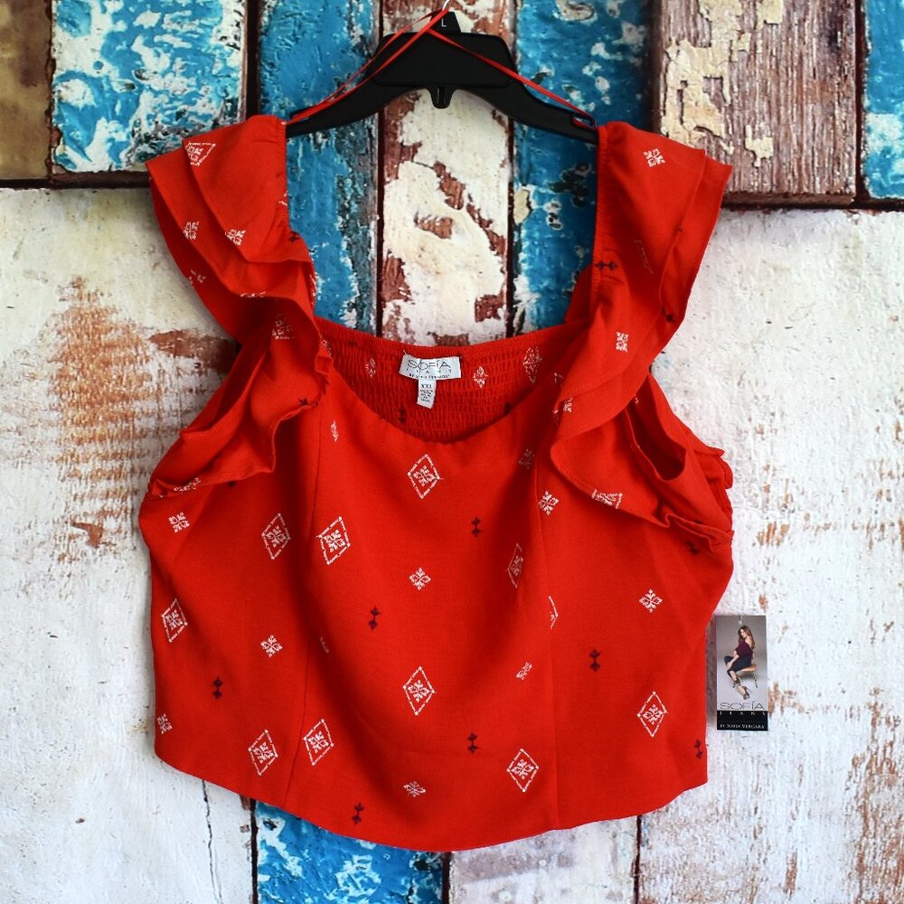 Women's Sofia Jeans Plus Double Ruffle Embroidered Top XXLARGE Red Alert NEW